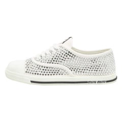 Miu Miu White Canvas Crystal-studded Gabardine Cotton Sneakers Size 40