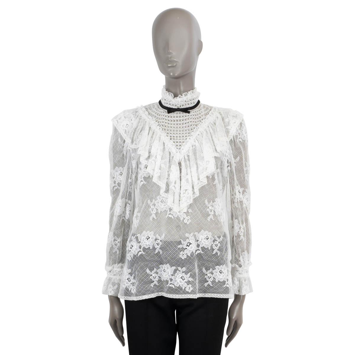 Gray MIU MIU white cotton 2019 SHEER RUFFLED FLORAL LACE MOCK NECK Blouse Shirt S For Sale