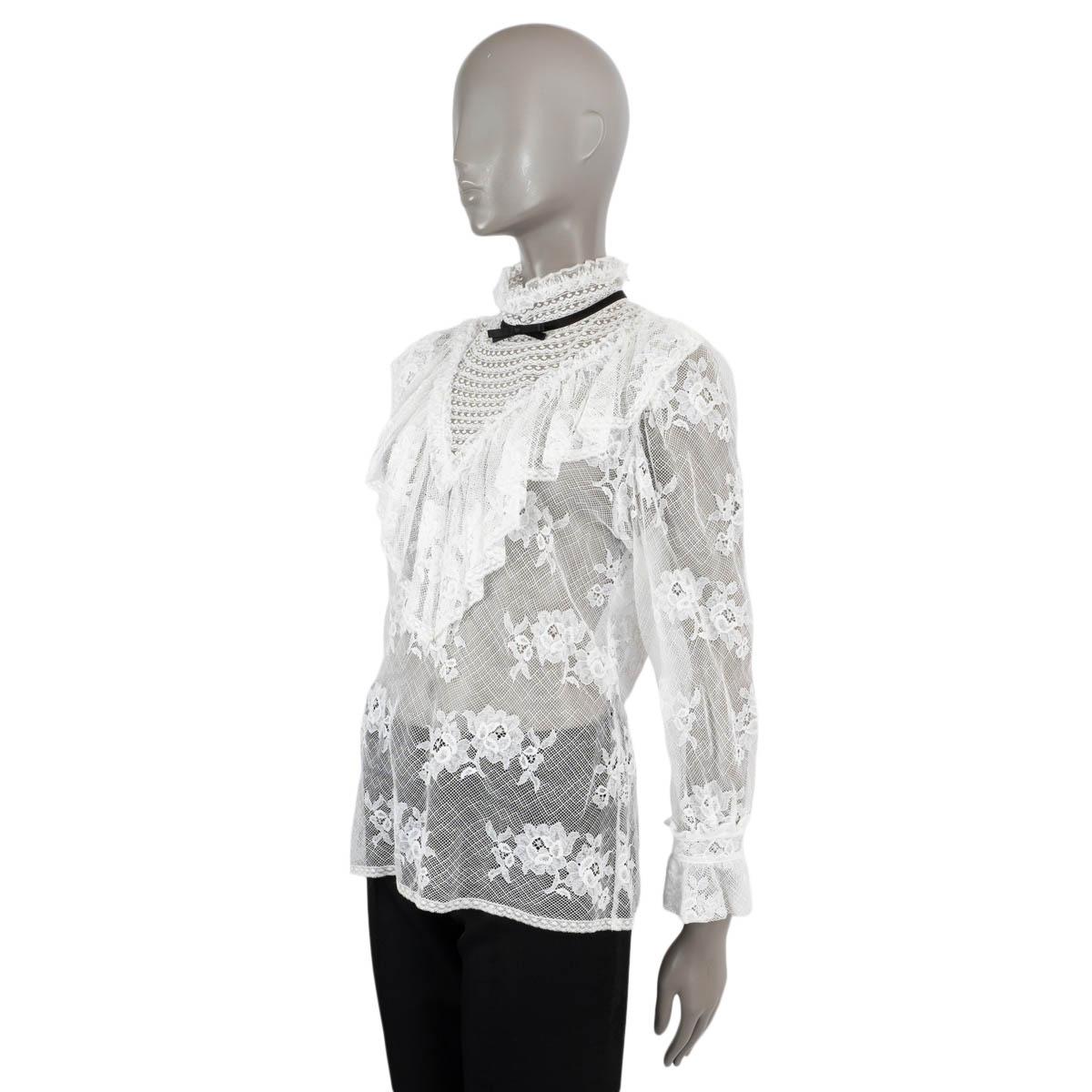 MIU MIU white cotton 2019 SHEER RUFFLED FLORAL LACE MOCK NECK Blouse Shirt S In Excellent Condition For Sale In Zürich, CH