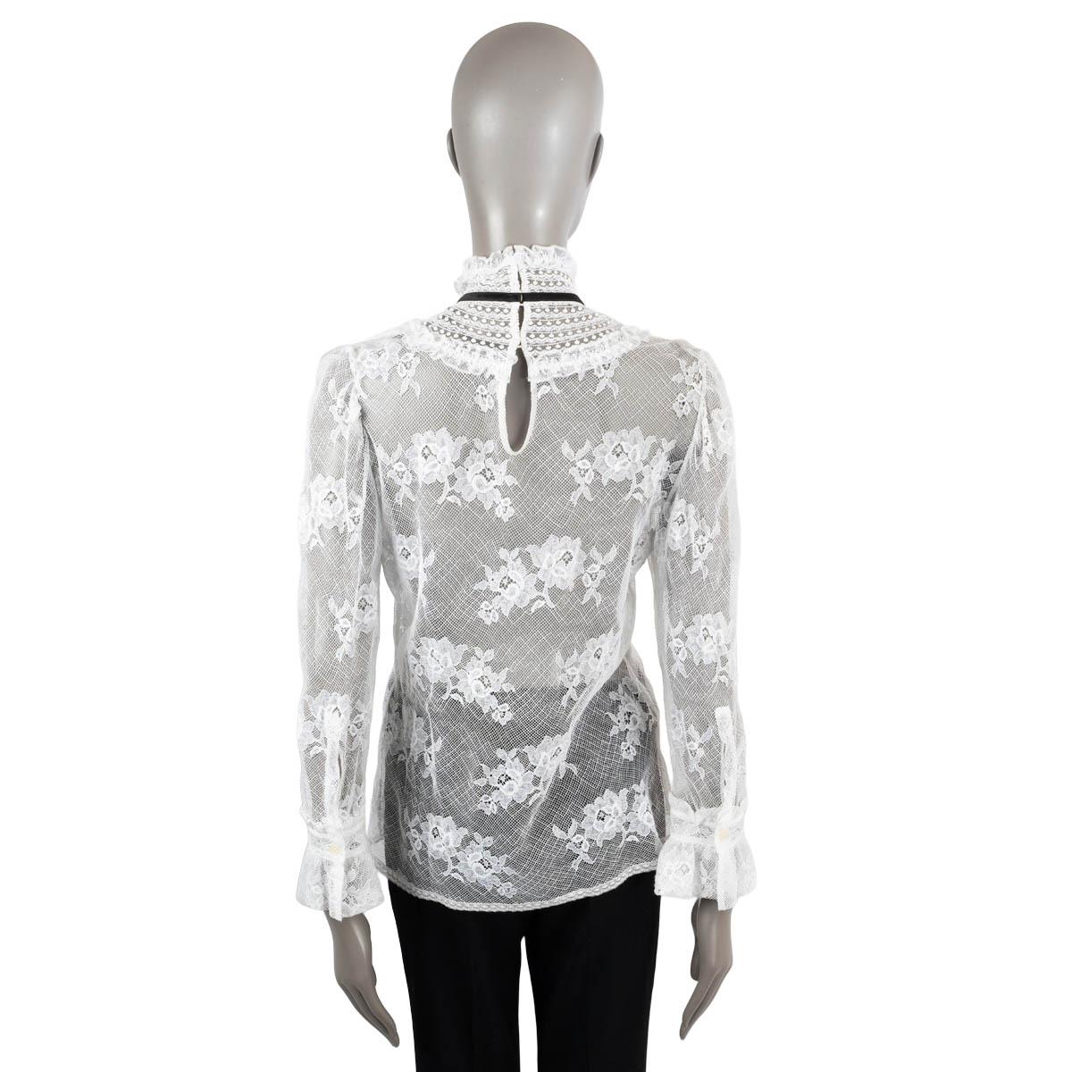 Women's MIU MIU white cotton 2019 SHEER RUFFLED FLORAL LACE MOCK NECK Blouse Shirt S For Sale