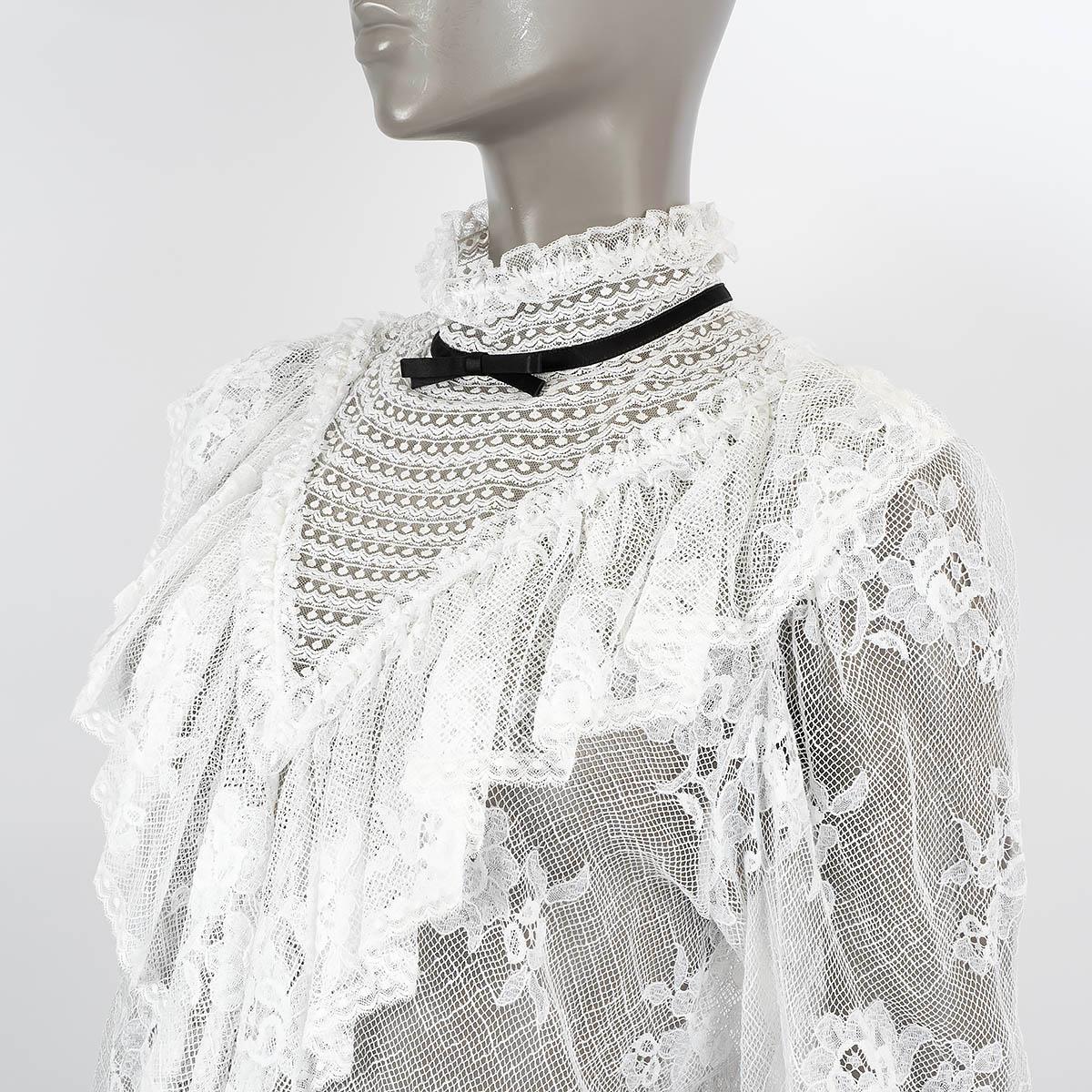 MIU MIU white cotton 2019 SHEER RUFFLED FLORAL LACE MOCK NECK Blouse Shirt S For Sale 2