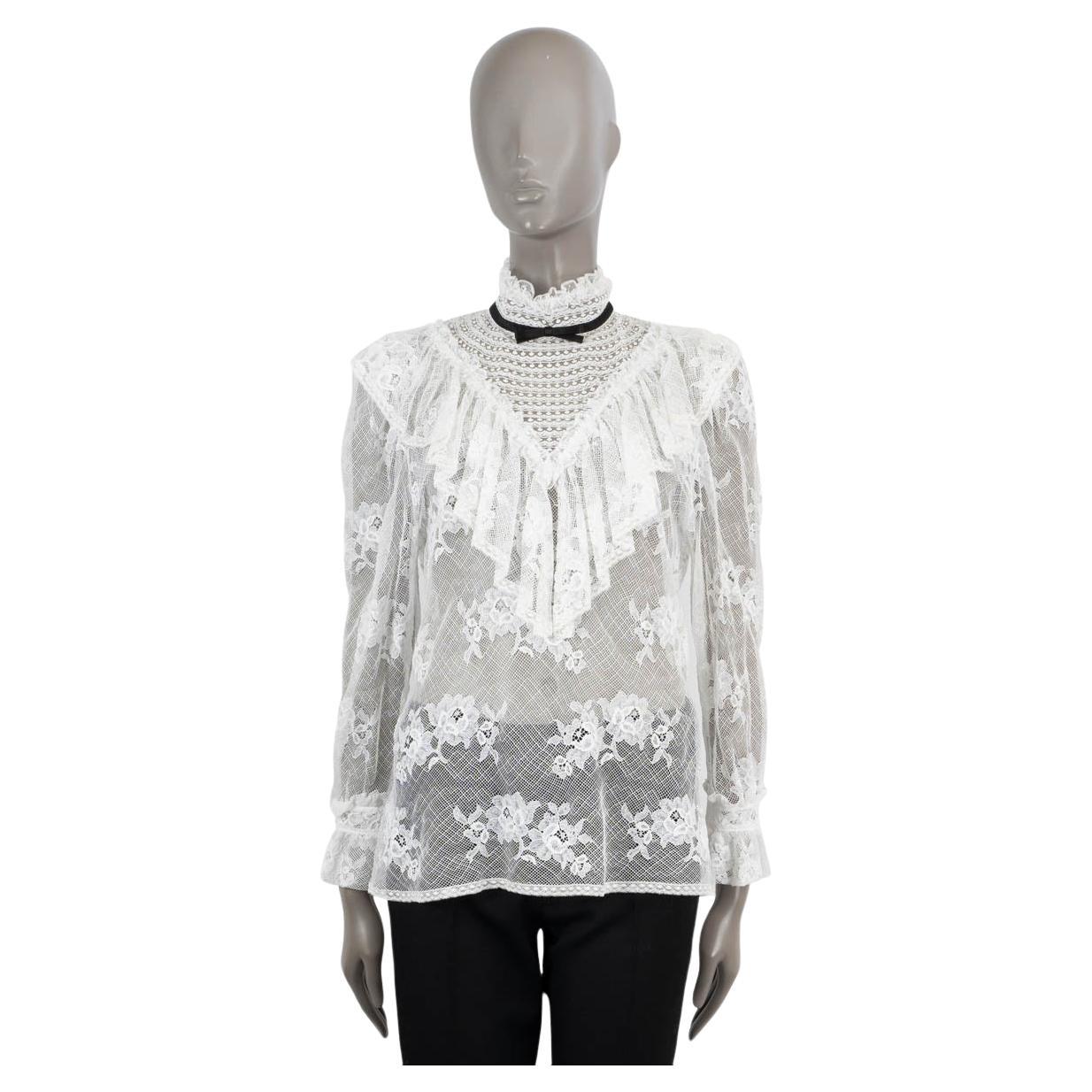 MIU MIU white cotton 2019 SHEER RUFFLED FLORAL LACE MOCK NECK Blouse Shirt S For Sale