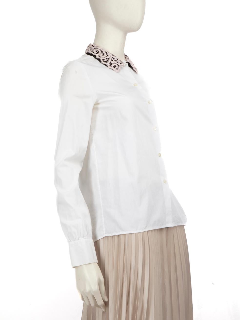CONDITION is Very good. Minimal wear to shirt is evident. Minor discolouration marks on front left side, centre back and back of the right arm on this used Miu Miu designer resale item.
 
 
 
 Details
 
 
 White
 
 Cotton
 
 Shirt
 
 Long sleeve
 
