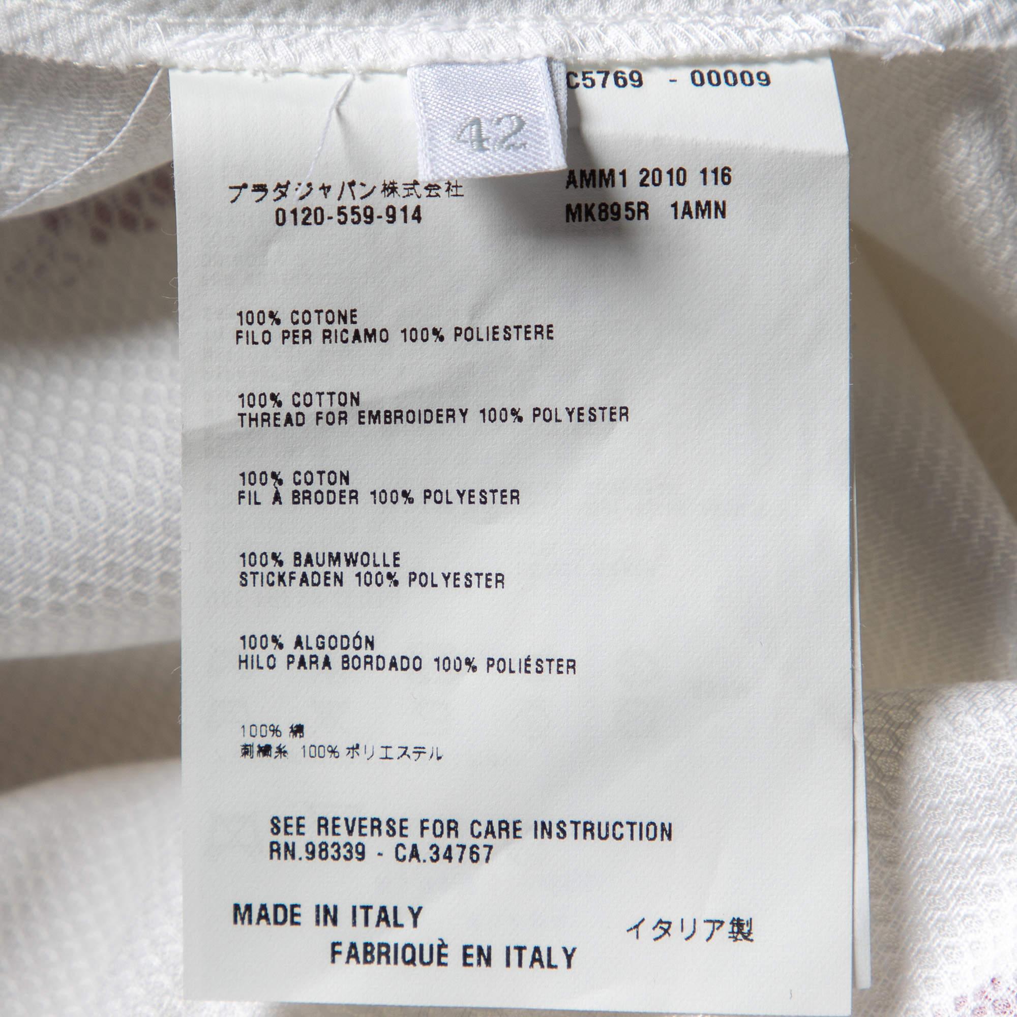 Miu Miu White Floral Print Cotton Smocked Top M For Sale 1