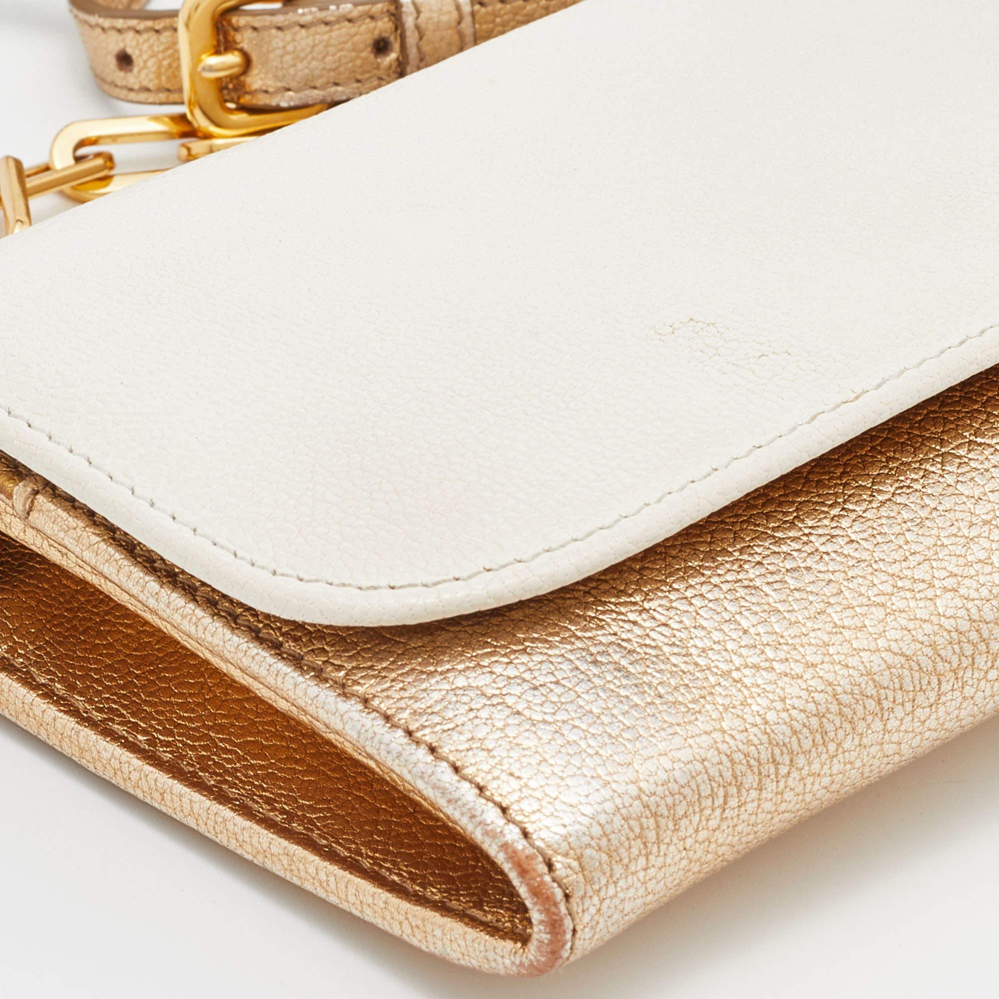 Miu Miu White/Gold Leather Flap Wallet On Chain 2