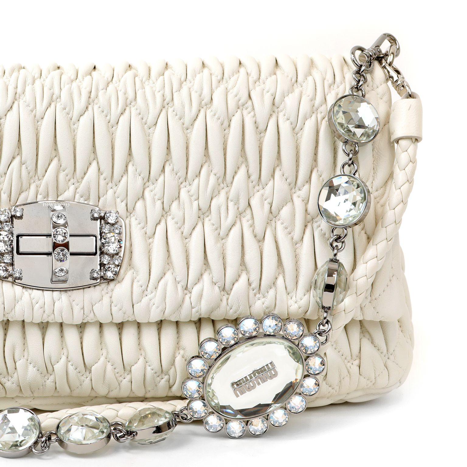 Beige Miu Miu White Iconic Crystal Cloquè Small Bag with Silver Hardware For Sale