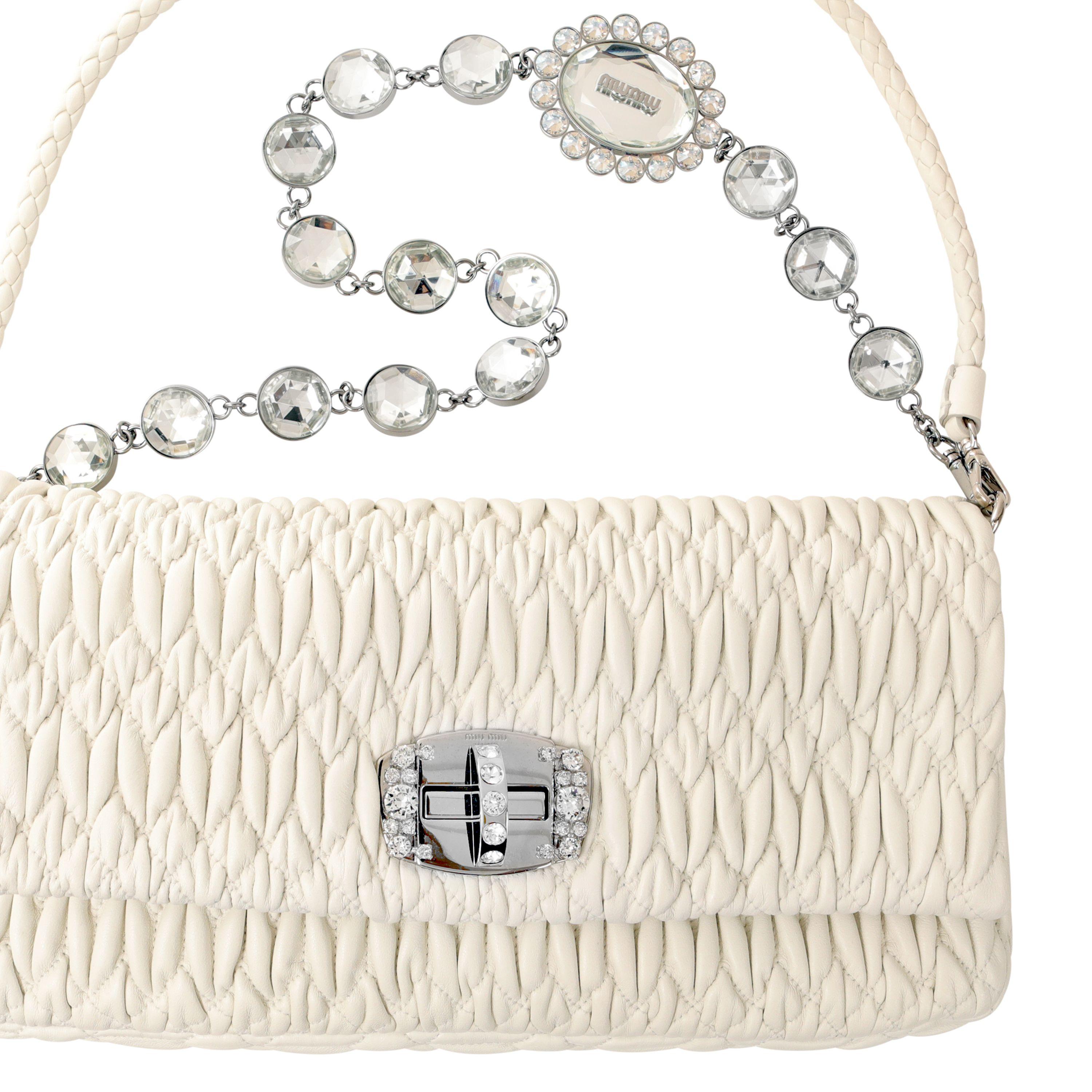 Miu Miu White Iconic Crystal Cloquè Small Bag with Silver Hardware In Excellent Condition For Sale In Palm Beach, FL