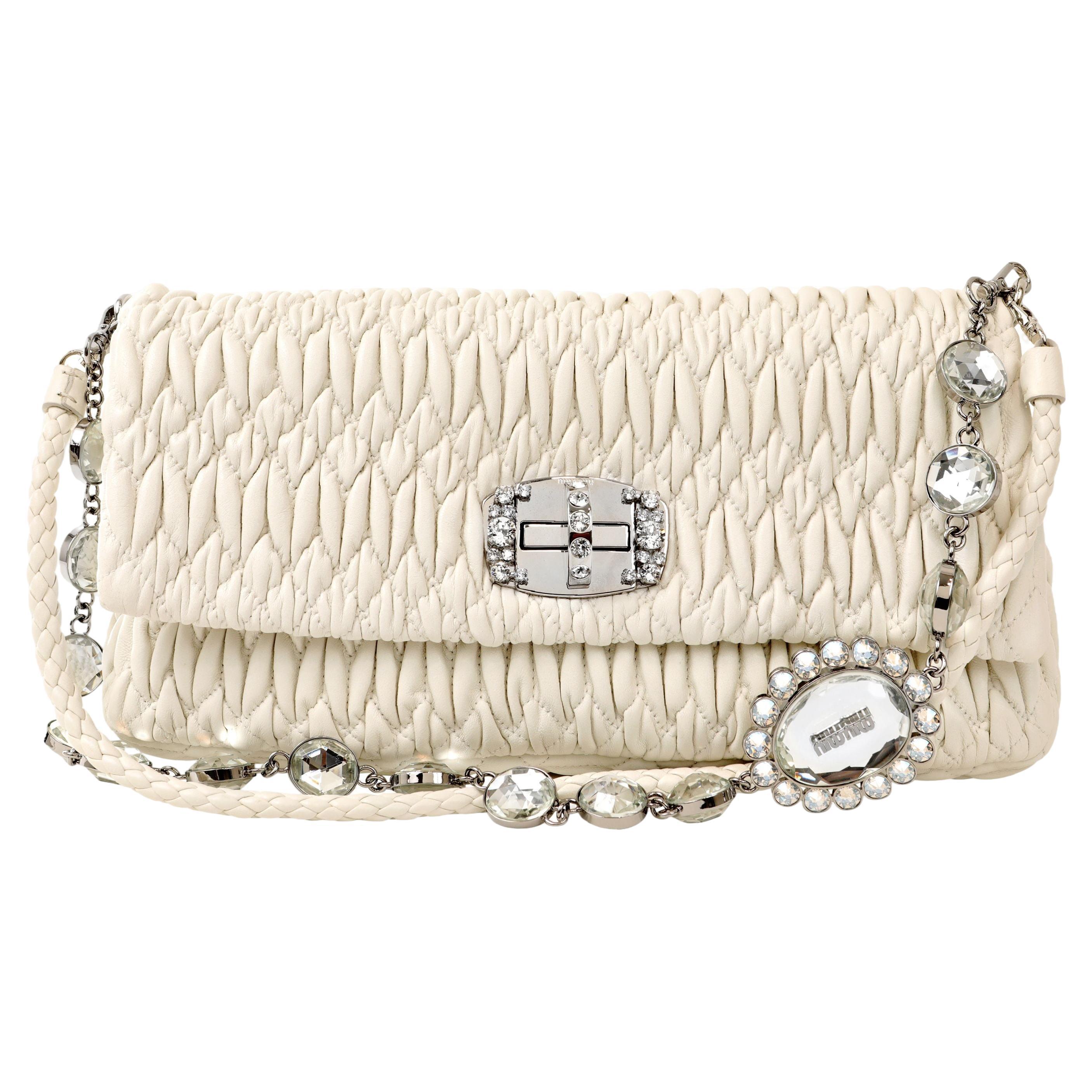 Miu Miu White Iconic Crystal Cloquè Small Bag with Silver Hardware For Sale