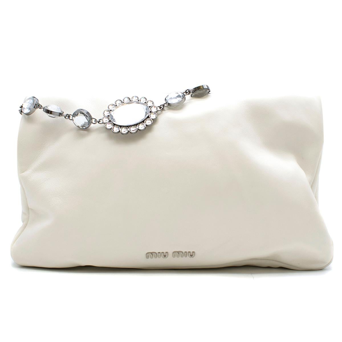 Gray Miu Miu White Leather Crystal Foldover Shoulder Bag	