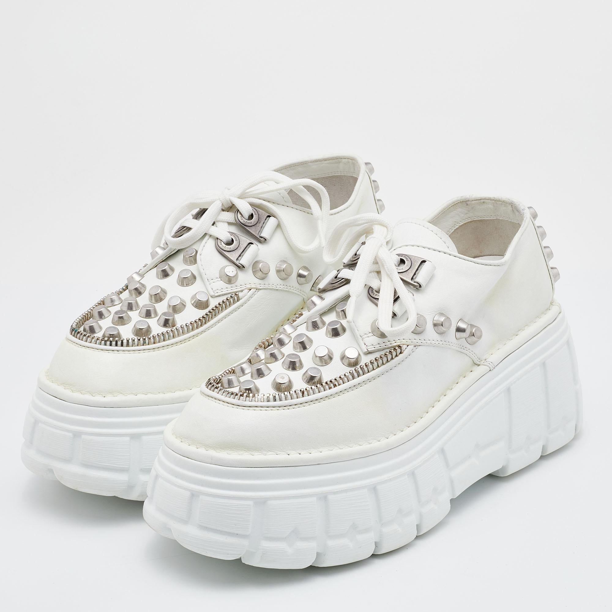 Gray Miu Miu White Leather Embellished Platform Derby Sneakers Size 38.5