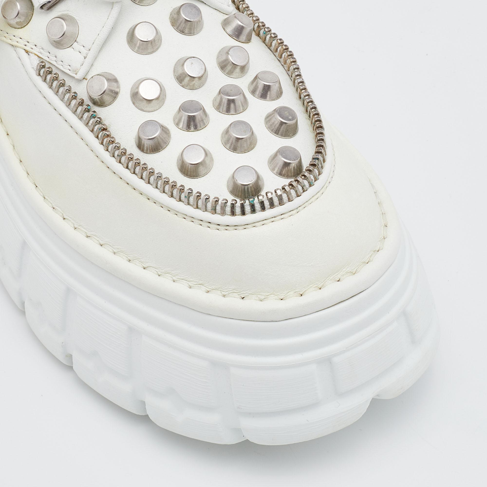 Women's Miu Miu White Leather Embellished Platform Derby Sneakers Size 38.5