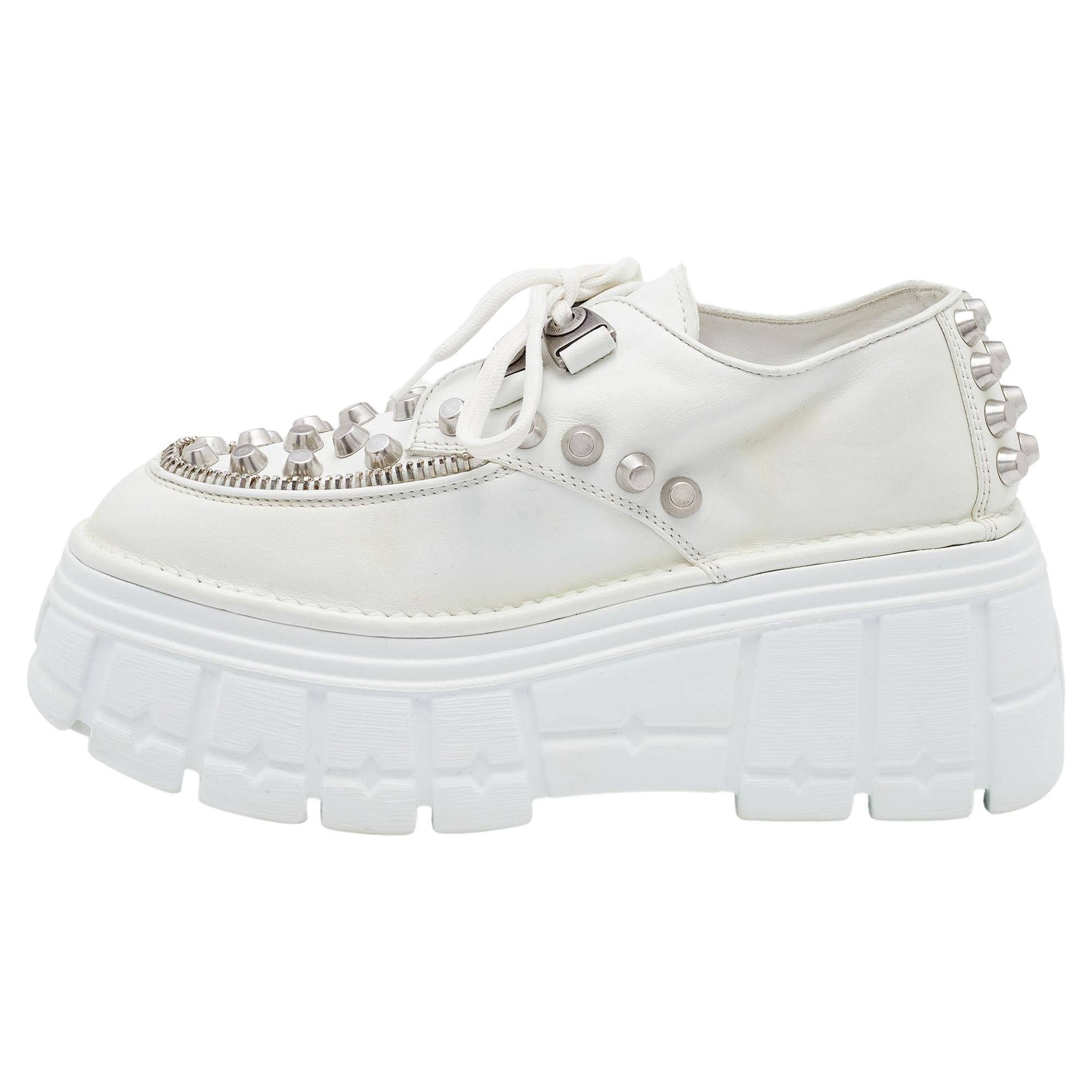 Miu Miu White Leather Embellished Platform Derby Sneakers Size 38.5