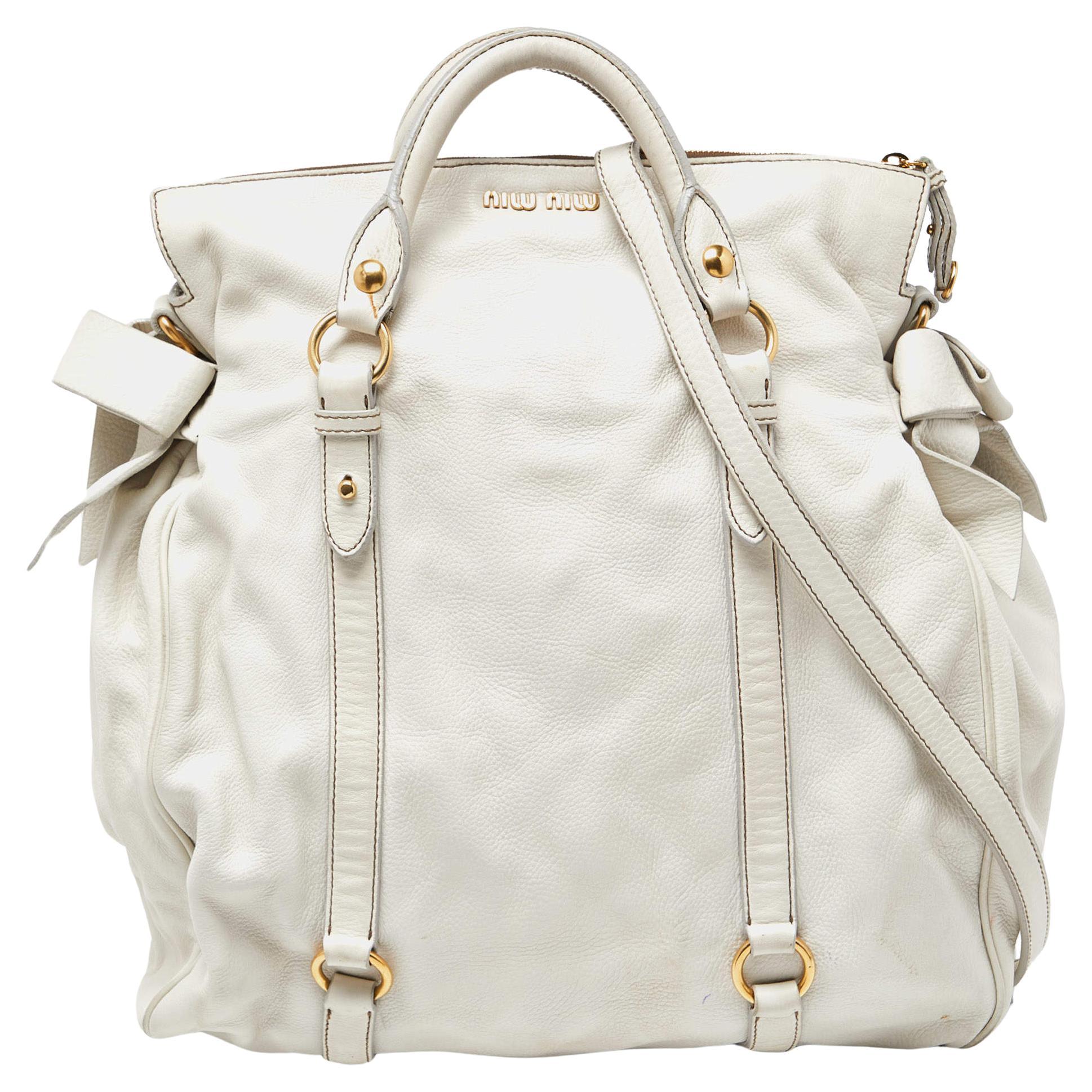 Miu Miu White Leather Fold Over Bow Bag For Sale