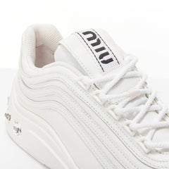 MIU MIU white leather logo tongue clear big crystal heels chunky sneakers EU38