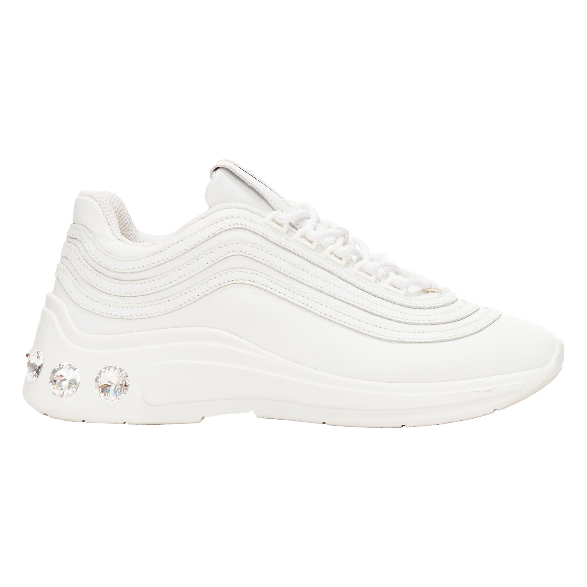MIU MIU white leather logo tongue clear big crystal heels chunky sneakers EU38