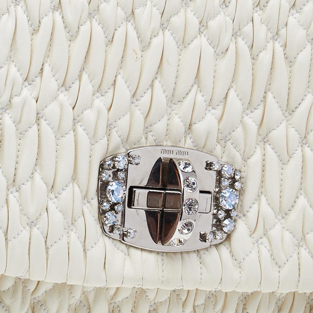 Miu Miu White Leather Matelassé Nappa Iconic Crystal Shoulder Bag 2