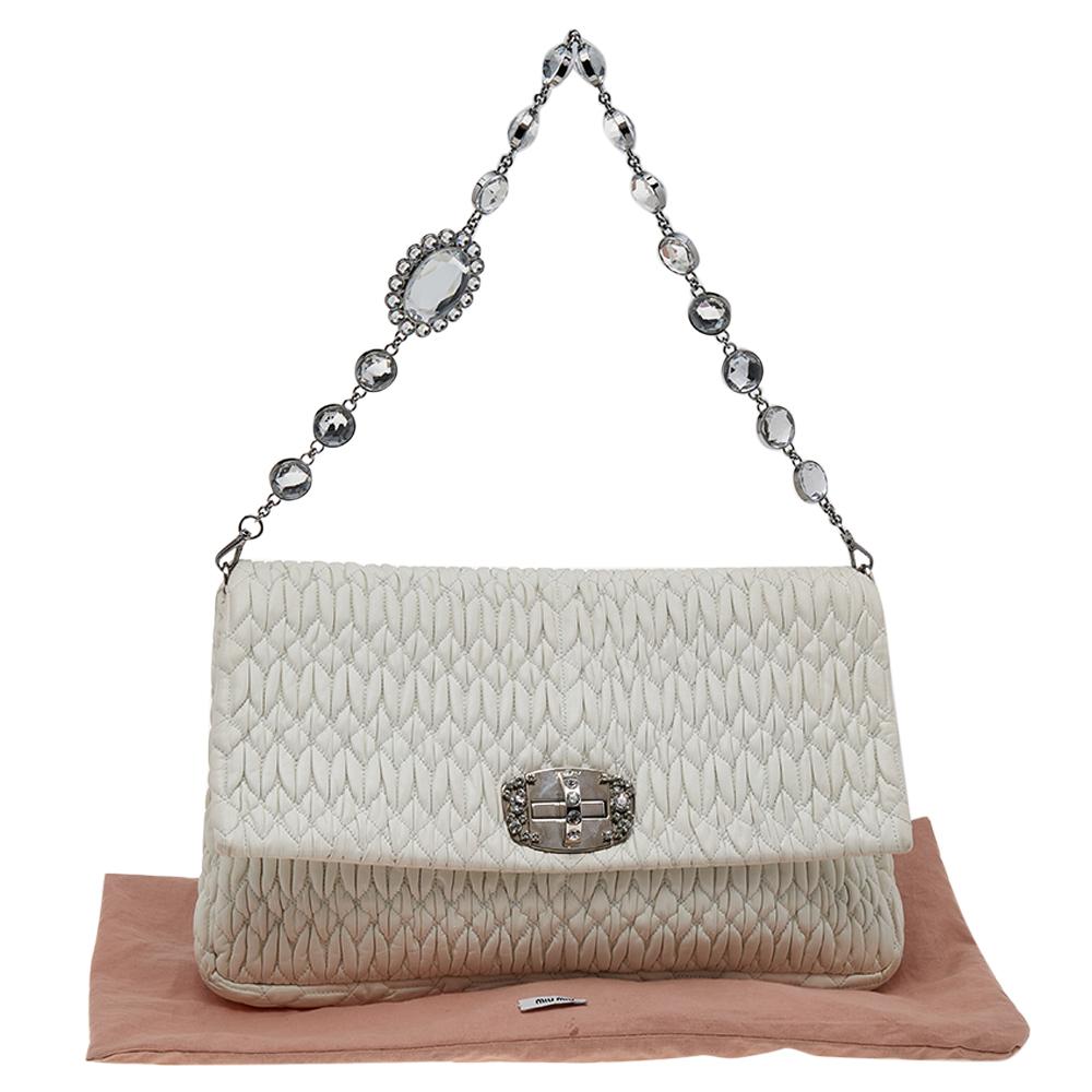 Miu Miu White Matelassé Leather Crystal Embellished Shoulder Bag 6