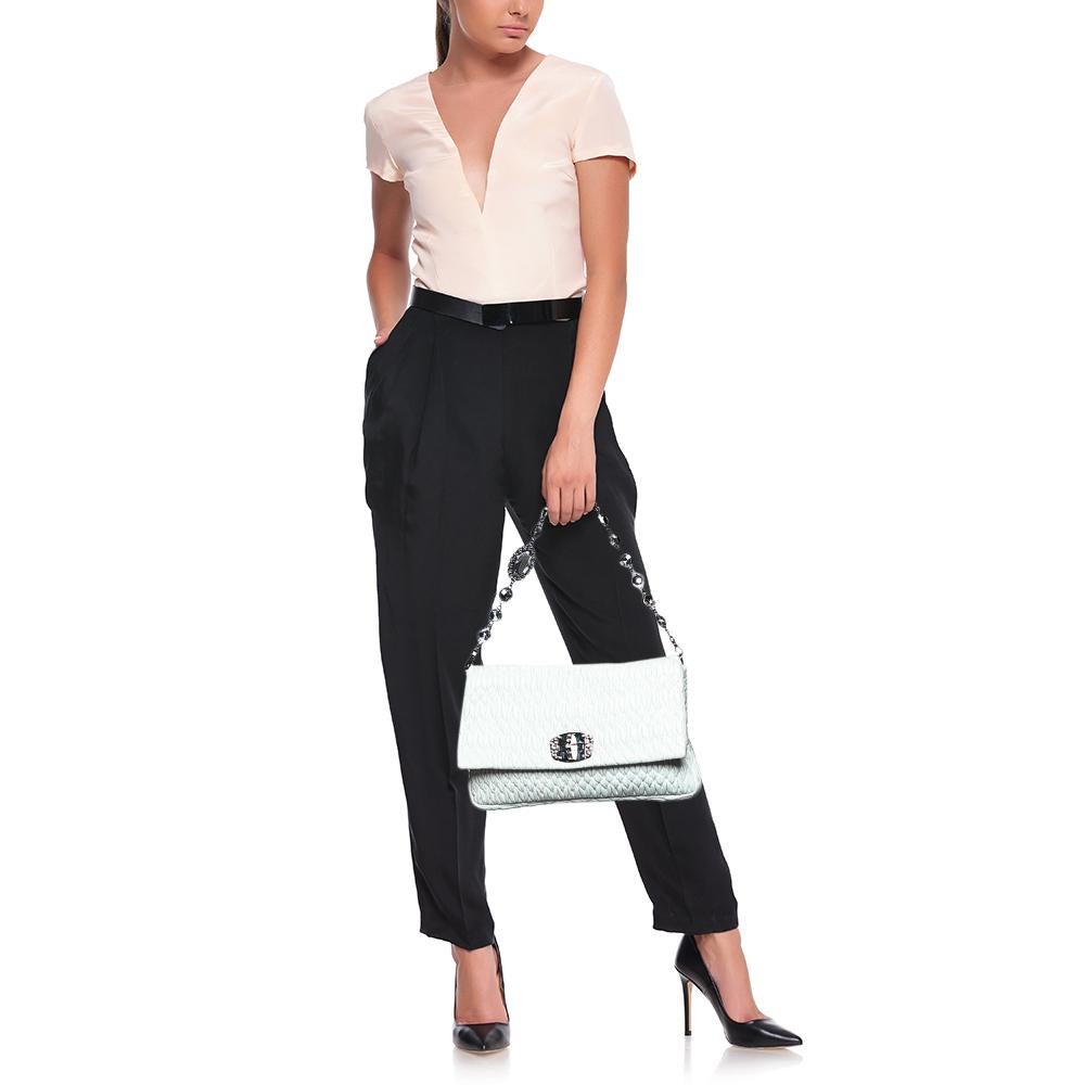 Gray Miu Miu White Matelassé Leather Crystal Embellished Shoulder Bag