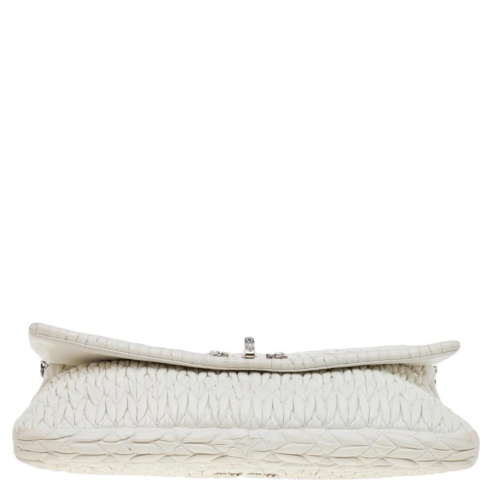Women's Miu Miu White Matelassé Leather Crystal Embellished Shoulder Bag