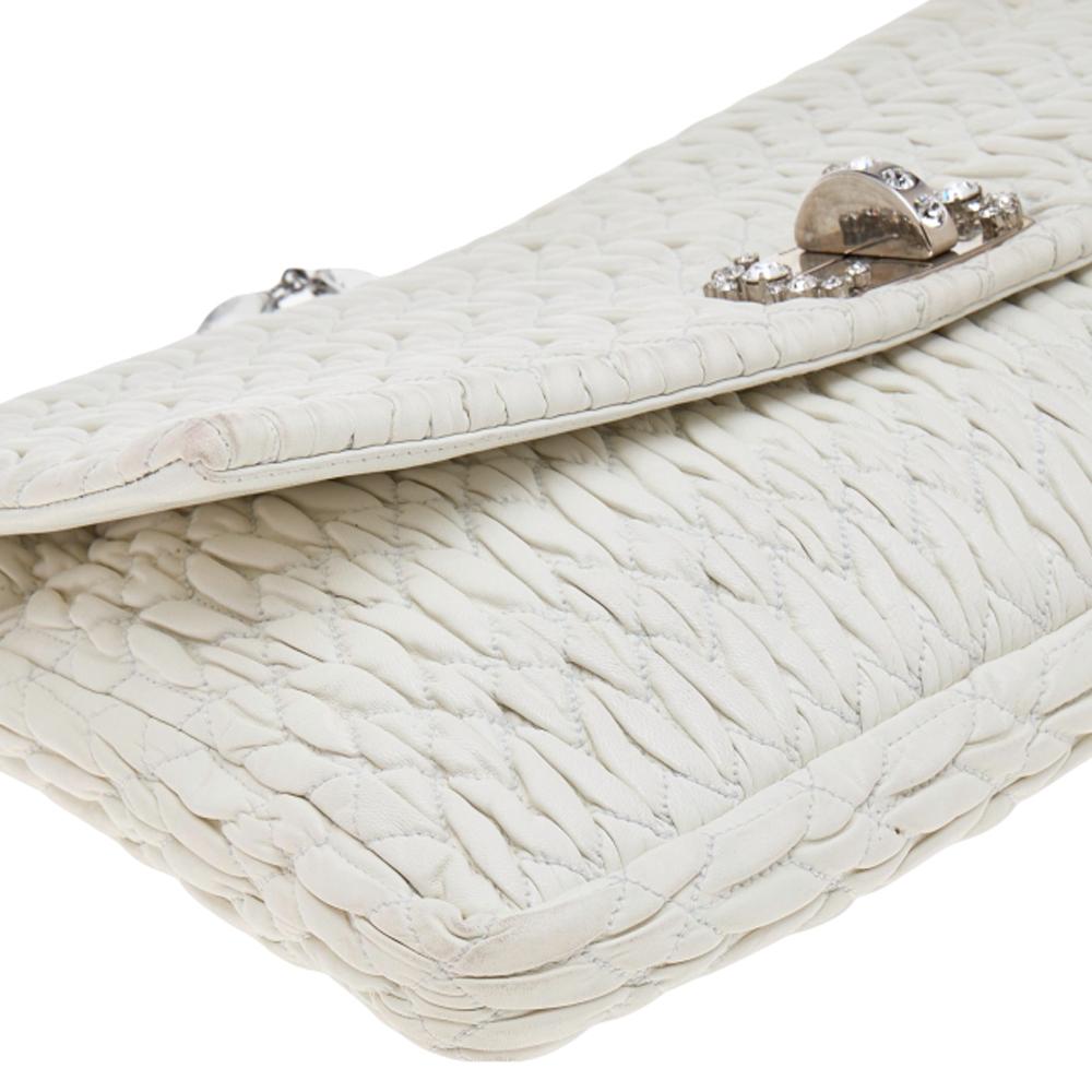 Miu Miu White Matelassé Leather Crystal Embellished Shoulder Bag 2