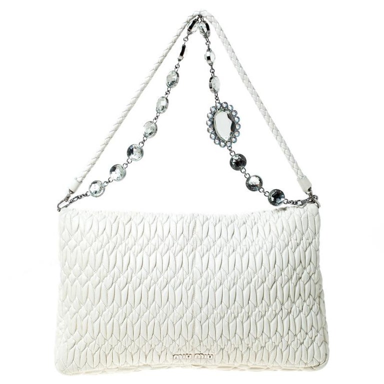 Miu Miu White Matelassé Leather Crystal Flap Shoulder Bag at 1stDibs