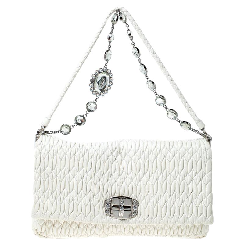 Miu Miu White Matelassé Leather Crystal Flap Shoulder Bag
