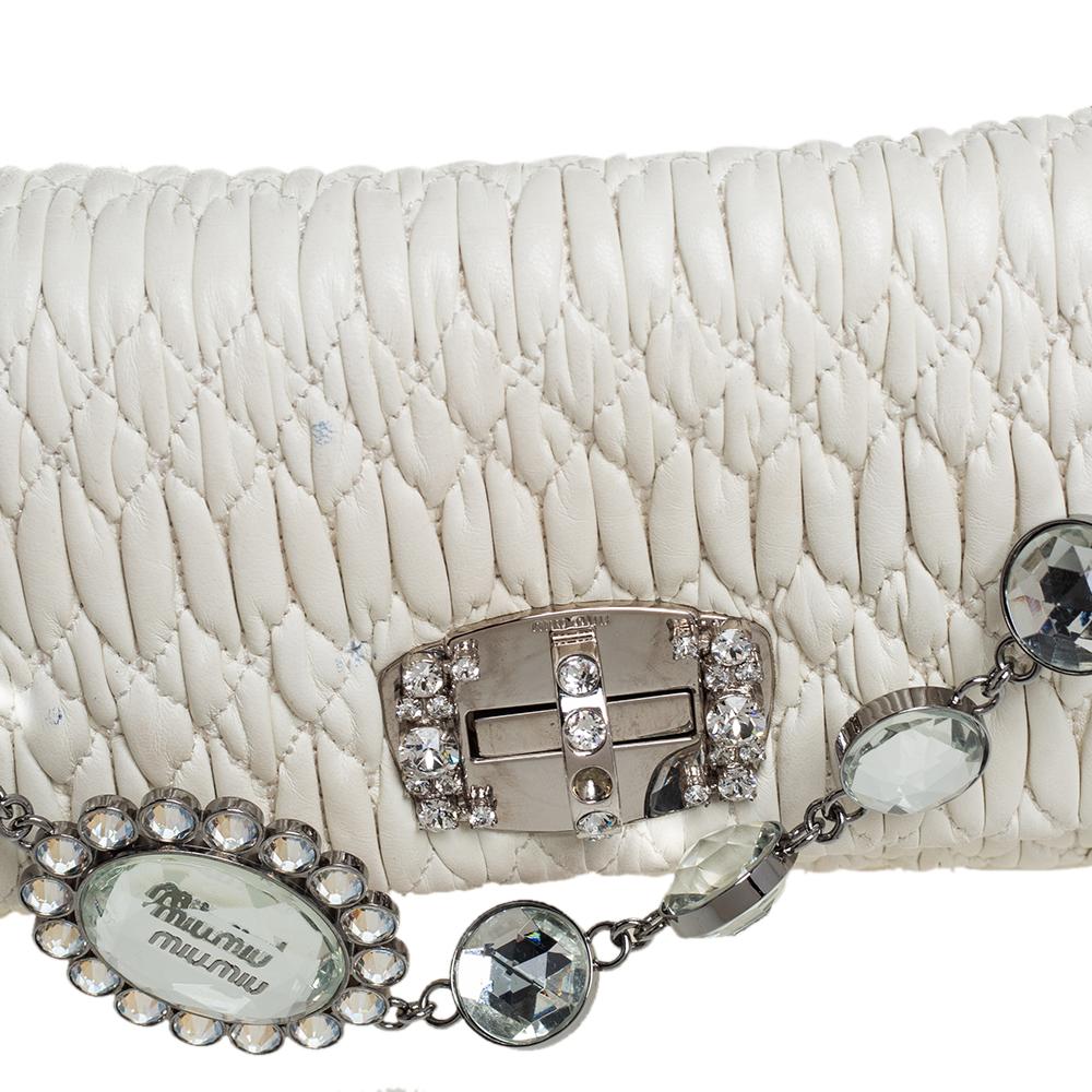 Miu Miu White Matelasse Leather Crystal Shoulder Bag 4