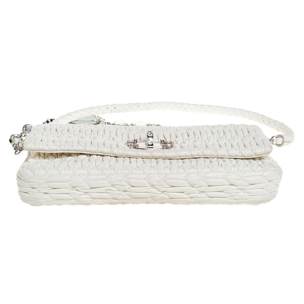 Gray Miu Miu White Matelasse Leather Crystal Shoulder Bag