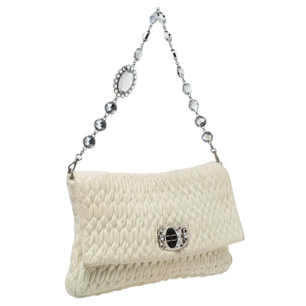 Miu Miu White Matelasse Nappa Leather Crystal Shoulder Bag In Good Condition In Dubai, Al Qouz 2