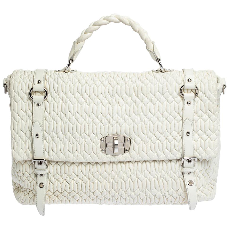 Miu Miu White Matelasse Nappa Leather Turnlock Top Handle Bag at