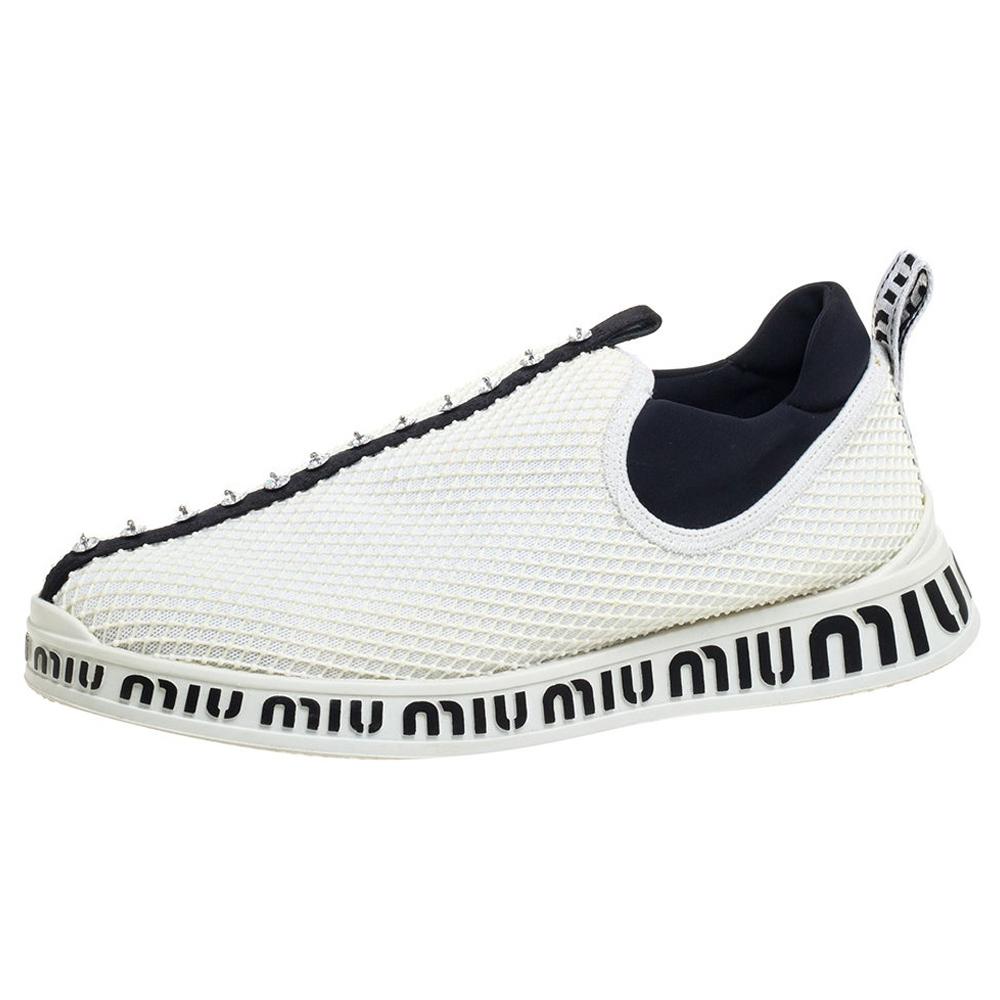 Miu Miu White Mesh Crystal Embellished Slip On Sneakers Size 39.5