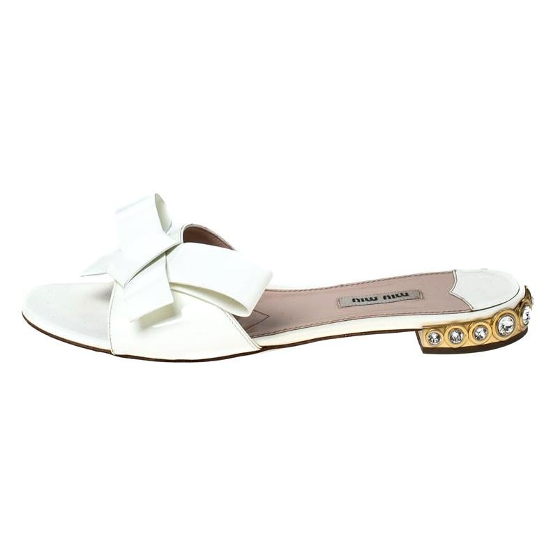 Miu Miu White Patent Leather Bow Slide Sandals Size 40.5