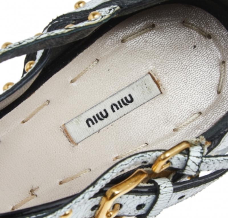 Miu Miu White Studded Crackled Leather Ankle-Strap Sandals Size 39 For Sale 1
