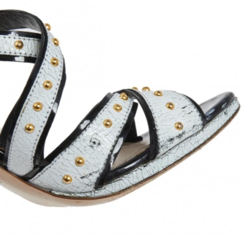 Miu Miu White Studded Crackled Leather Ankle-Strap Sandals Size 39 For Sale 4