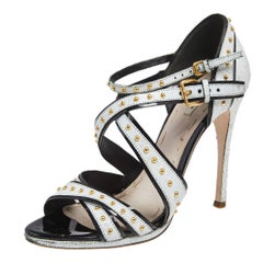 Miu Miu White Studded Crackled Leather Ankle-Strap Sandals Size 39