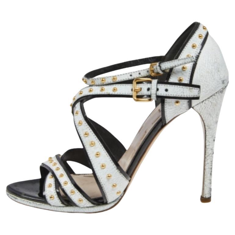 Miu Miu White Studded Crackled Leather Ankle-Strap Sandals Size 39 For Sale