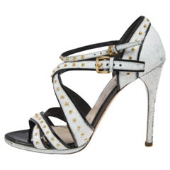 Miu Miu White Studded Crackled Leather Ankle-Strap Sandals Size 39