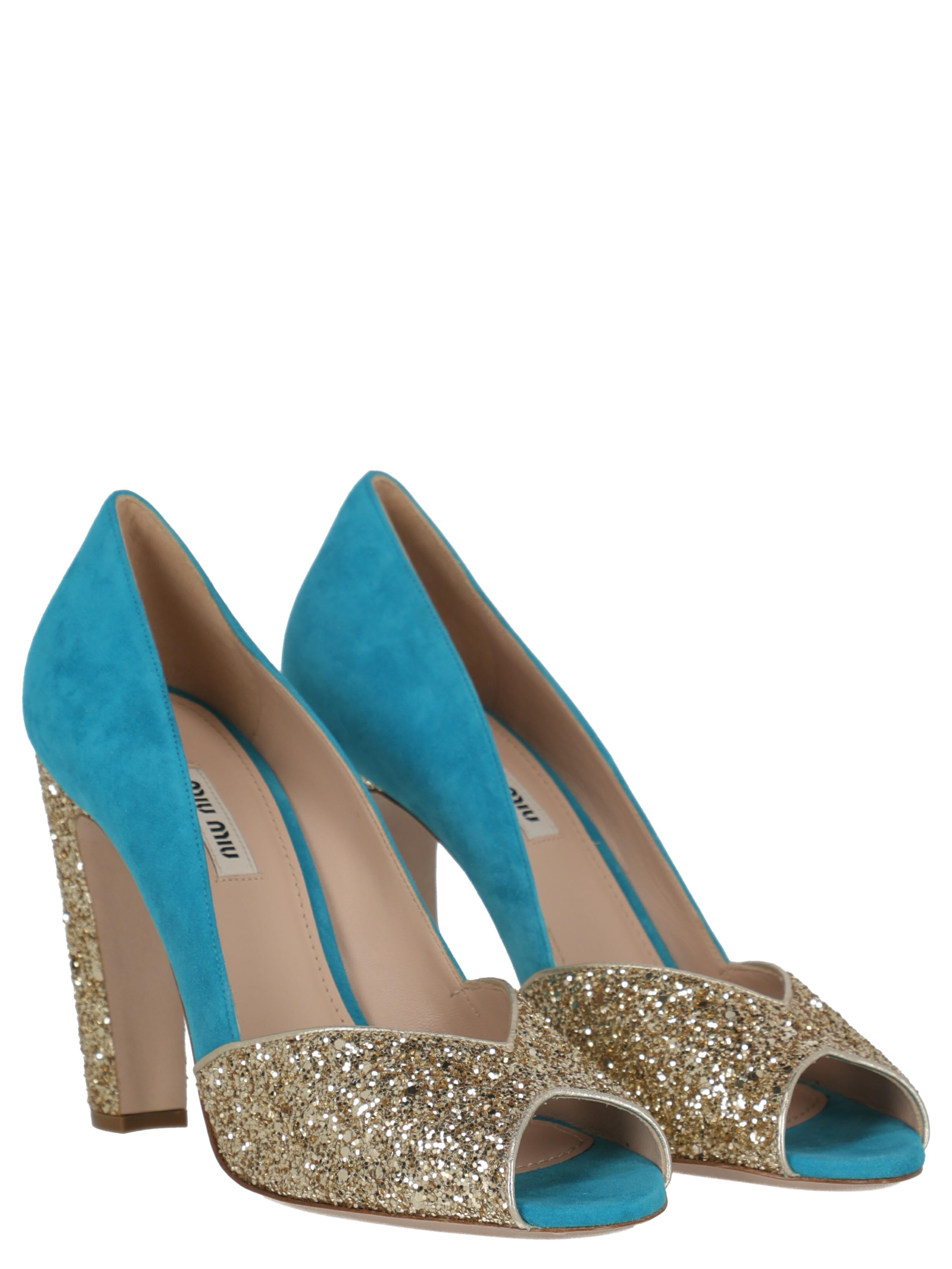 Pumps, leather, solid color, suede, open toe, branded insole, block heel, high heel, sequin embellishment

Includes:
- Box

Product Condition: Excellent
Sole: negligible marks.

Measurements:
Height: 11 cm

Composition:
Upper: 100% Leather
Sole: