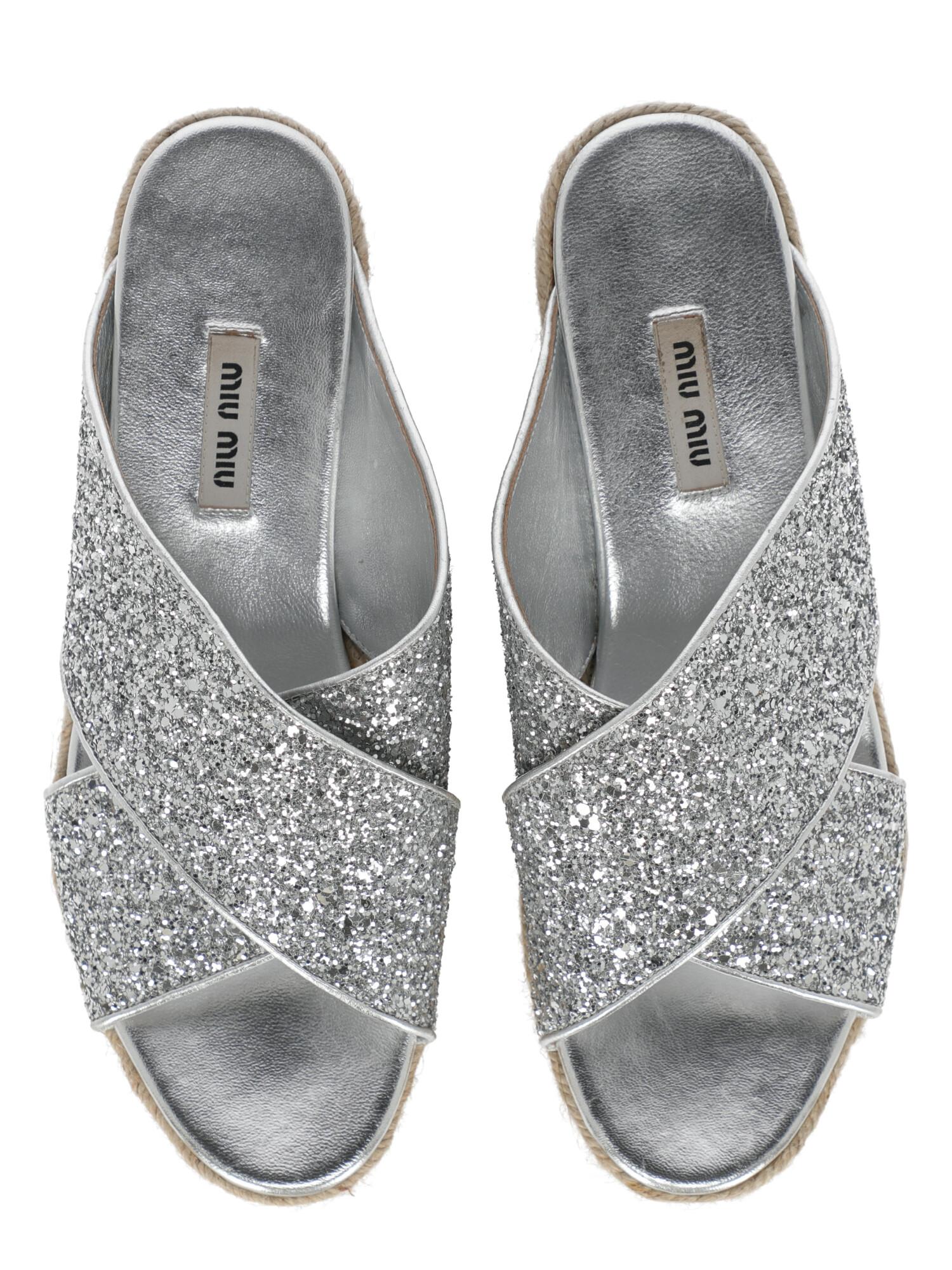 Miu Miu  Women   Wedges  Silver Leather EU 39 In Good Condition For Sale In Milan, IT