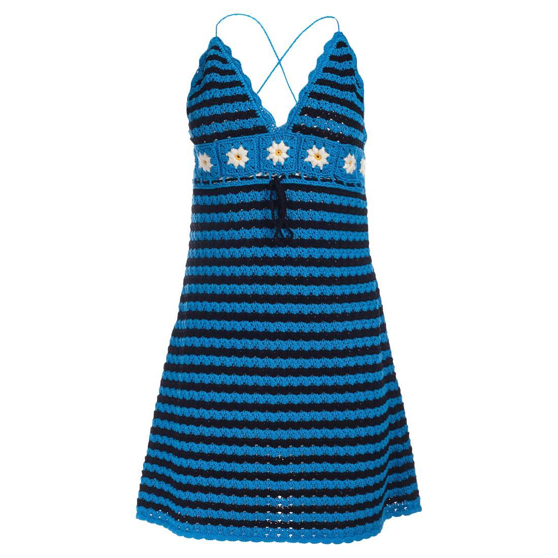 Miu Miu Women's Blue Crochet Striped Floral Mini Dress