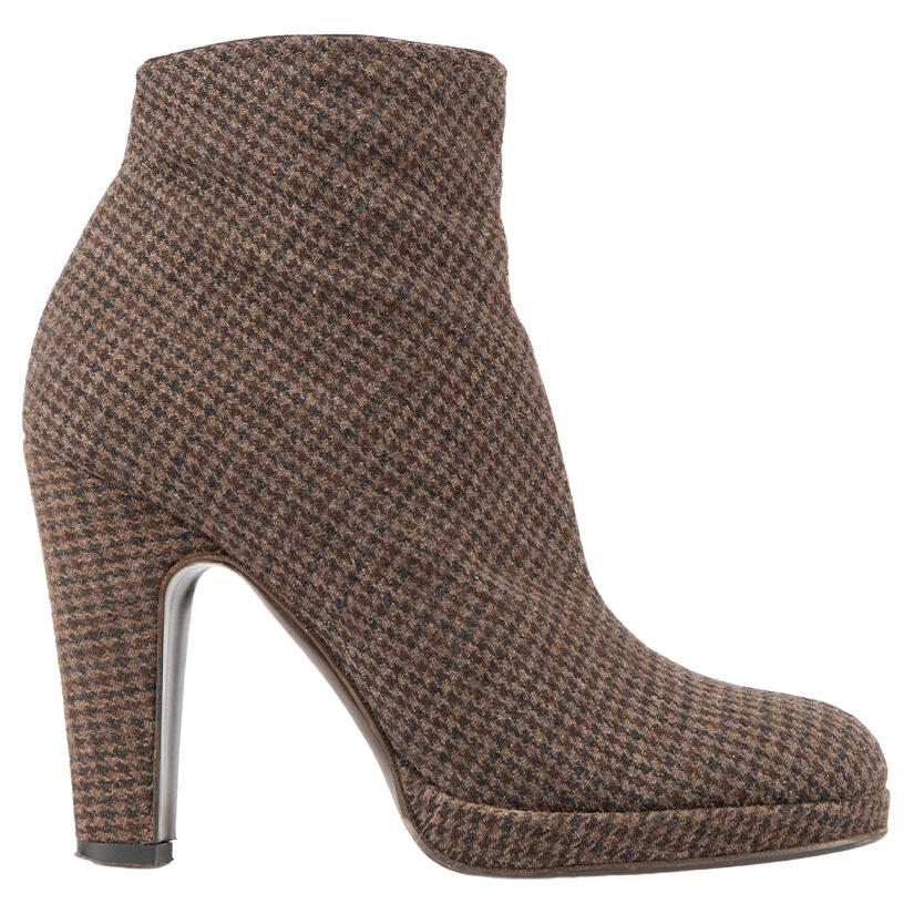 Miu Miu Women's Brown Tweed Houndstooth Ankle Boots For Sale