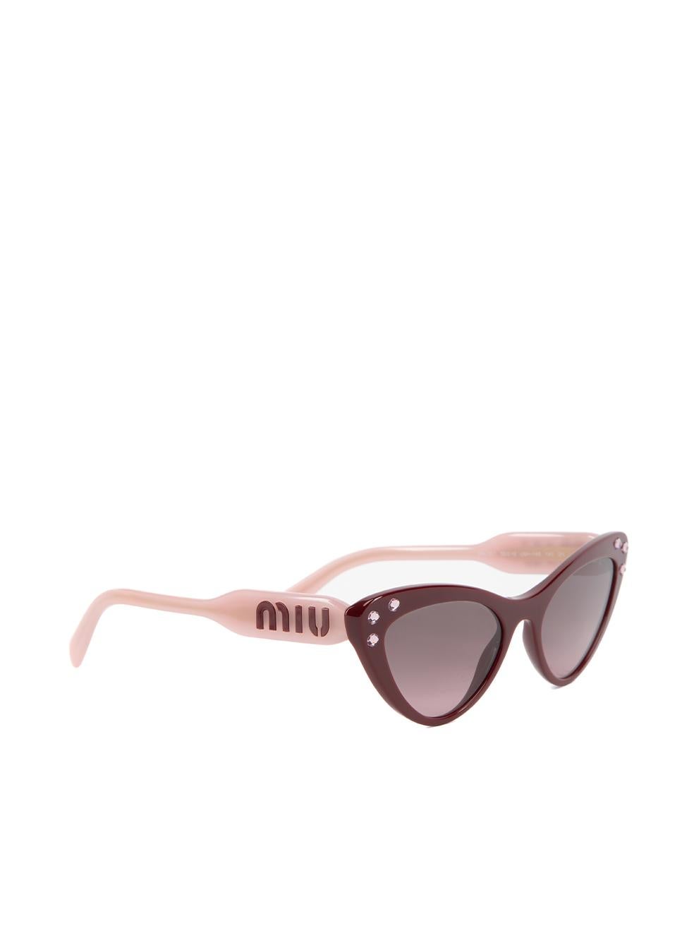 CONDITION is Very good. Hardly any visible wear to glasses is evident. Marking on the case can be seen on this used Miu Miu designer resale item. This item comes with original case.  Details  Burgundy and pink Acetate Cat eye Crystal embellished on