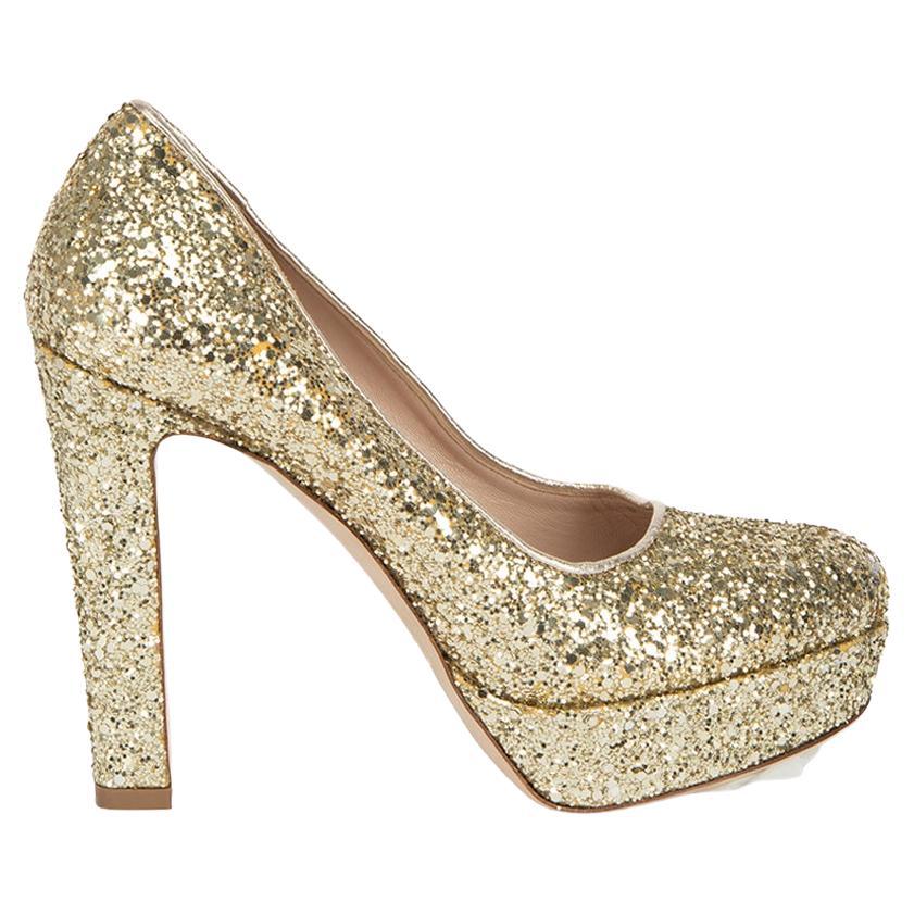 Miu Miu Women's Gold Glitter Platform Heels