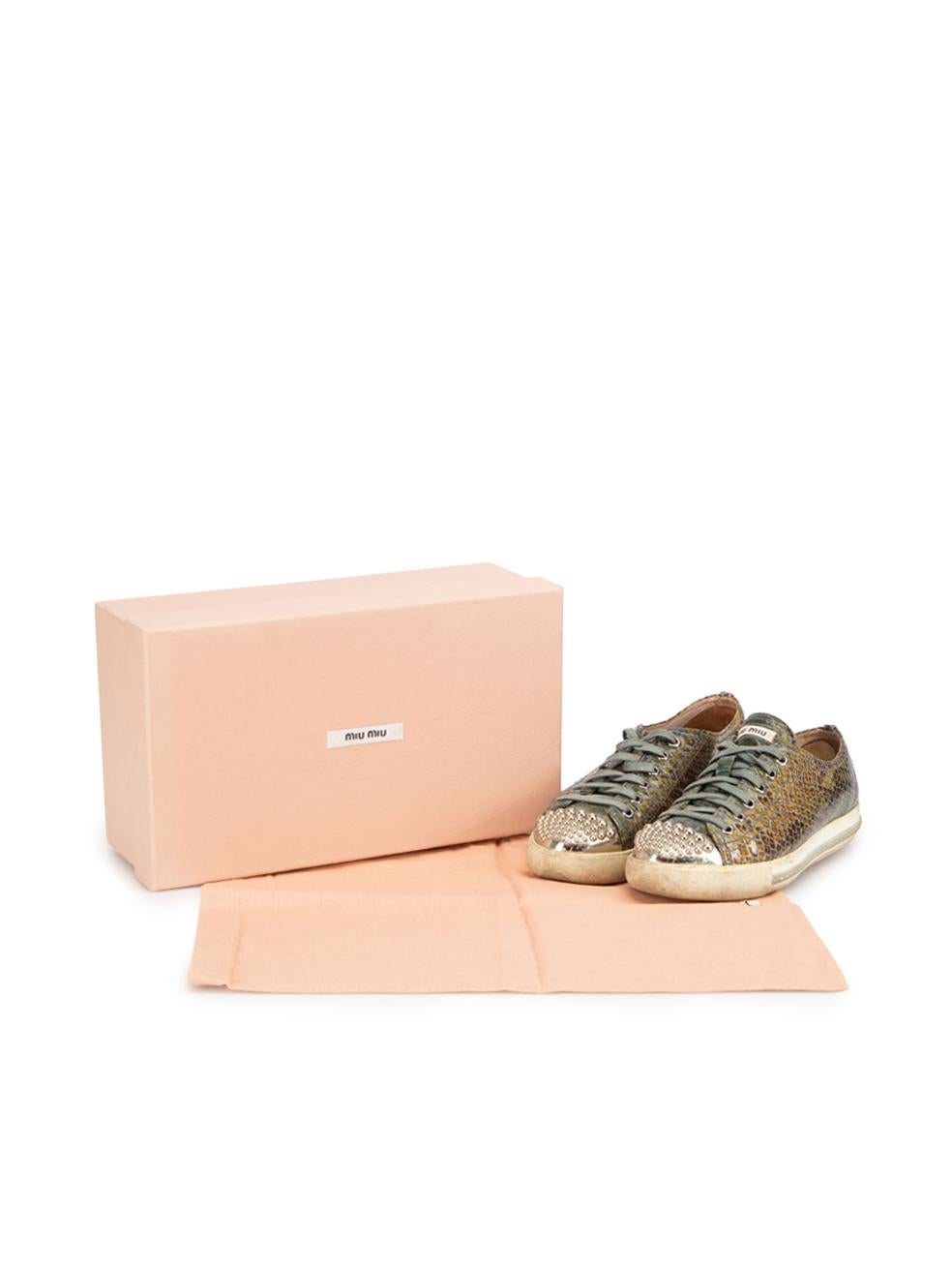 Miu Miu Women's Green Leather Lizard-Effect Embellished Cap-Toe Low Trainers 2
