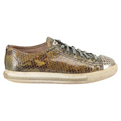 Used Miu Miu Women's Green Leather Lizard-Effect Embellished Cap-Toe Low Trainers