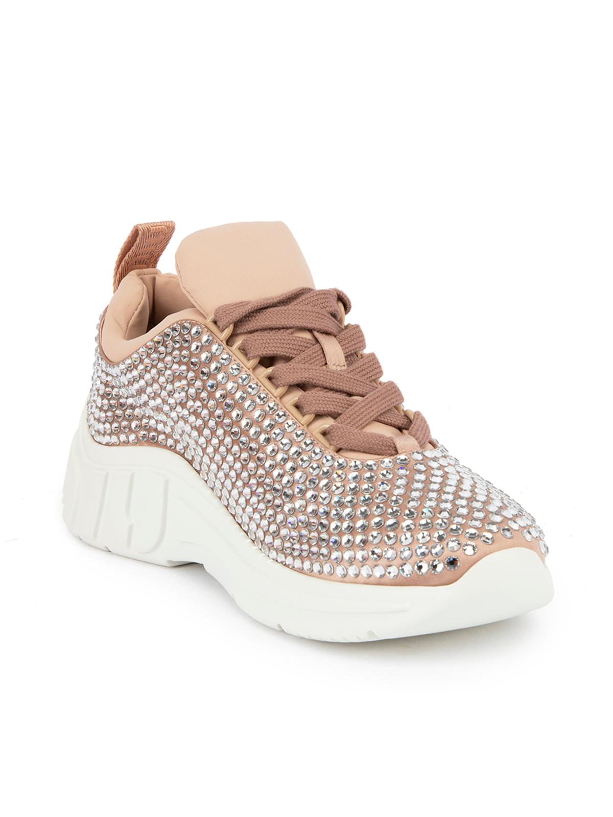 CONDITION is Never Worn. No visible wear to trainers is evident on this used Miu Miu designer resale item. This item comes with the original dustbags. Details Pink Cloth Sneakers Crystal embellishment all over Lace up Low top Round toe Platform heel