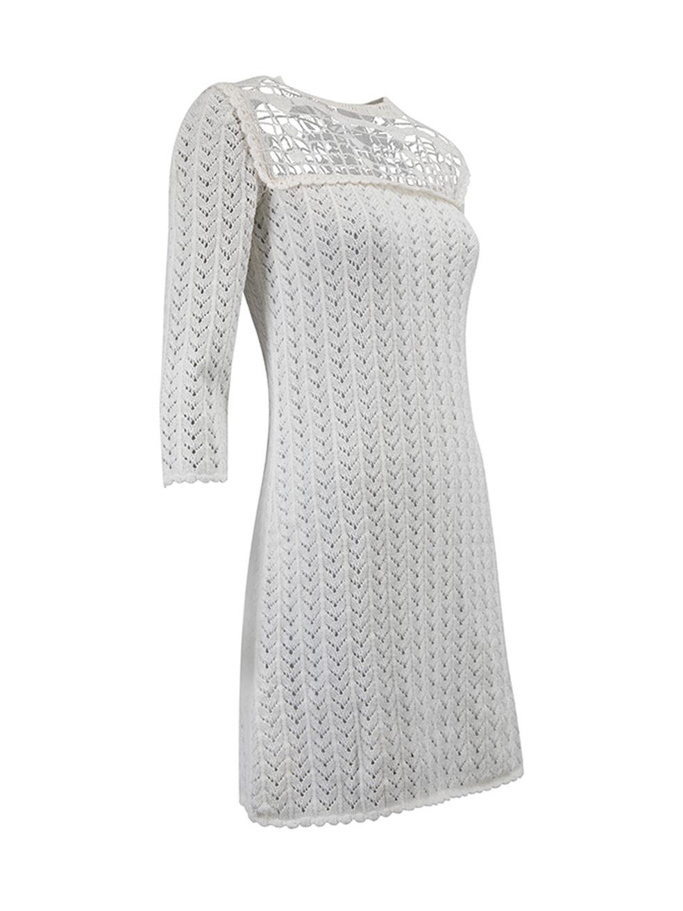 CONDITION is Never worn. No visible wear to dress is evident on this used Miu Miu designer resale item. Details White Cotton Mini dress Long sleeves Contract crochet panel on neckline Round neckline Back button closure Made in Italy Composition 100%