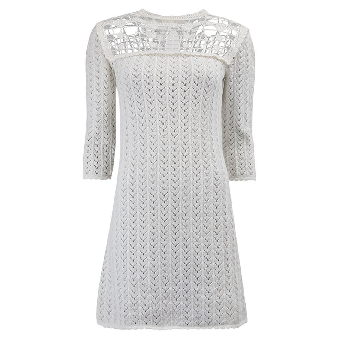 Miu Miu Women's White Crochet Long Sleeve Mini Dress