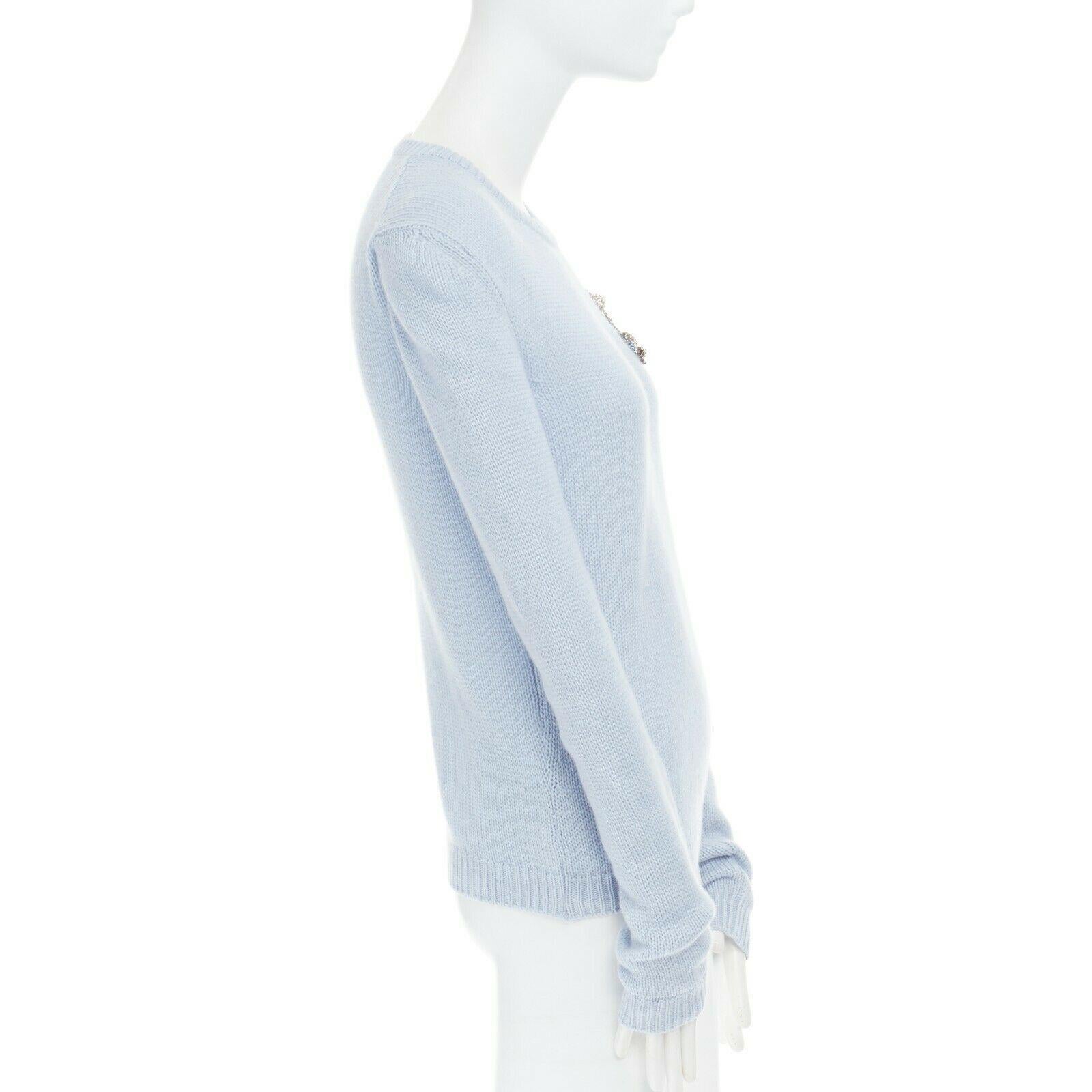 Gray MIU MIU wool knit pastel blue crystal embellished flower brooch sweater top M