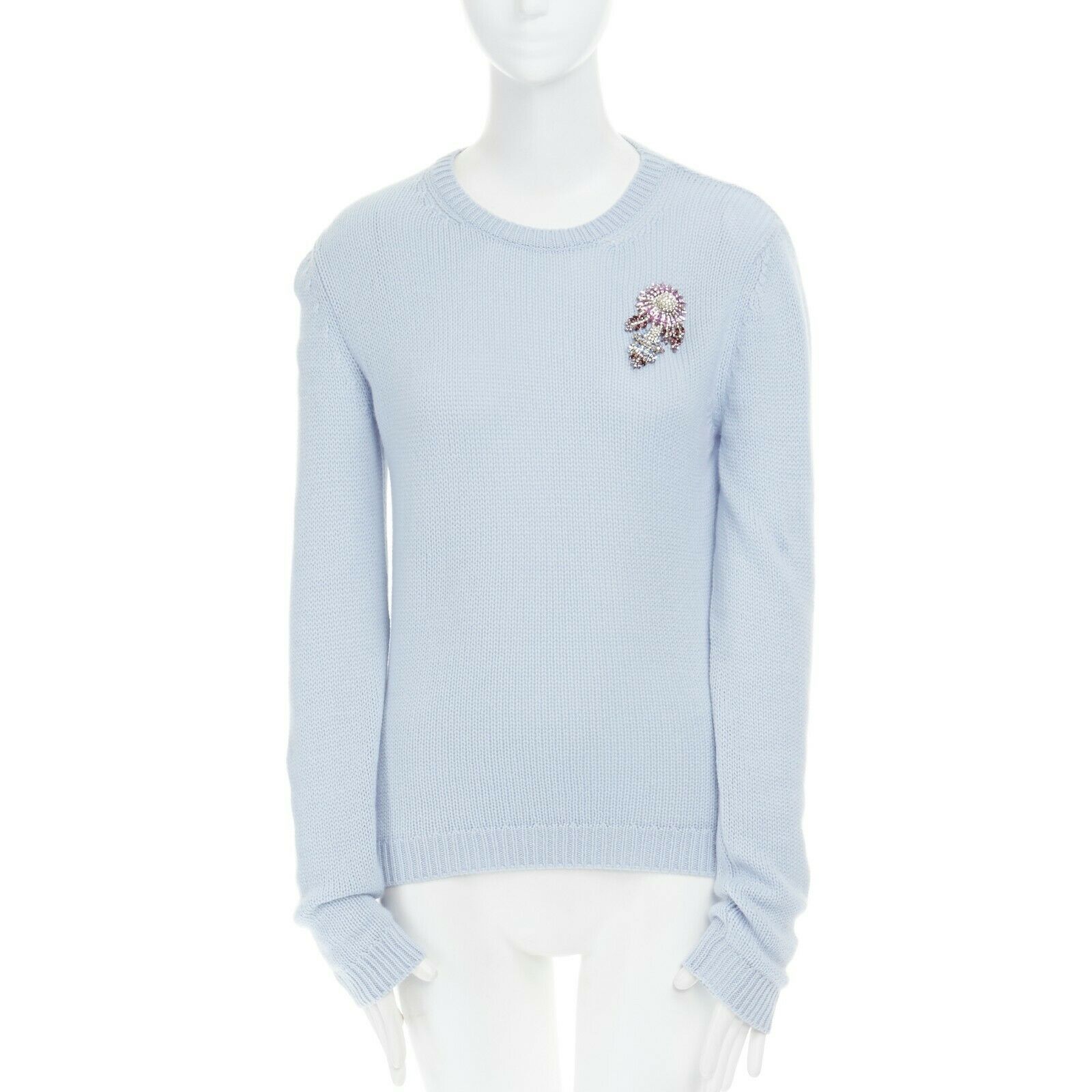 MIU MIU wool knit pastel blue crystal embellished flower brooch sweater top M